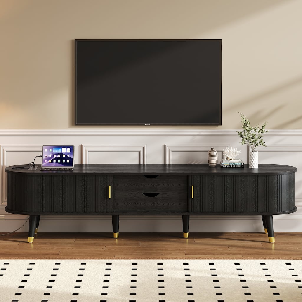 Medieval-Style TV Stand for TVs up to 80 Inches with Charging Station and Sliding Roller Shutter Door, for Living Room, Black