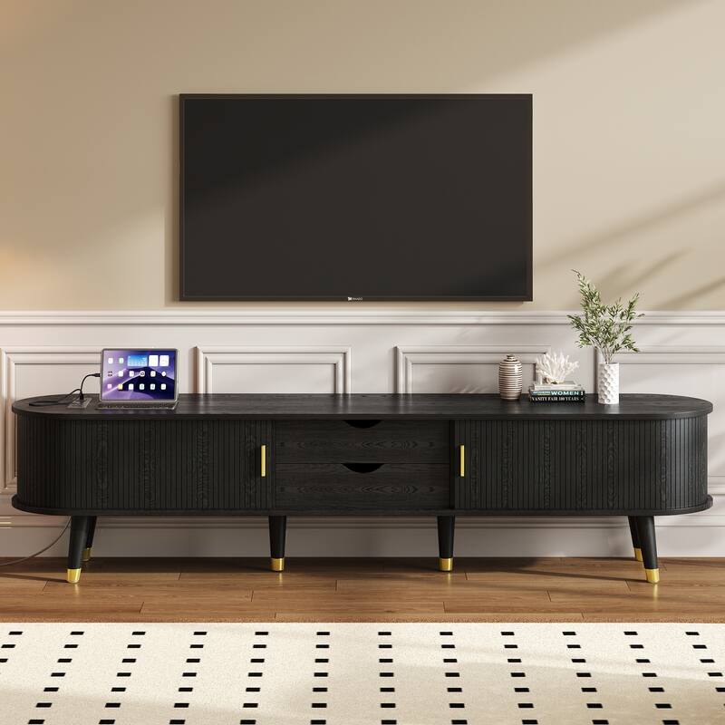 Wooden Oval TV Stand with Charging Station for TV up to 80", Mid-Century Media Console with Sliding Tambour Door for Living Room - Black
