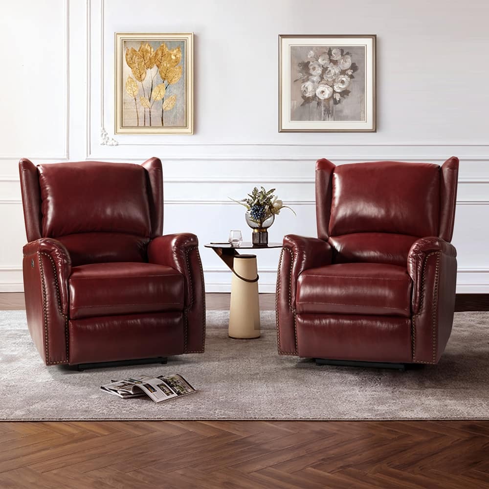 Eliseo Traditional Genuine Leather Wooden Upholstery Power Recliner with USB Port and Wingback Design Set of 2
