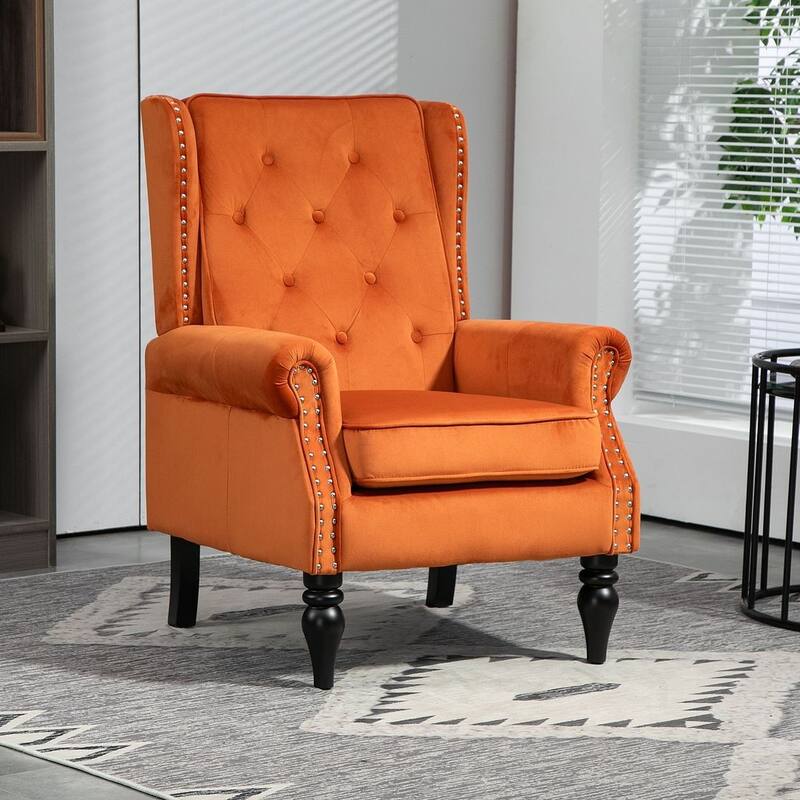 Transitional Wingback Accent Chair Armchair with Sturdy Wood Legs - Velvet - Orange