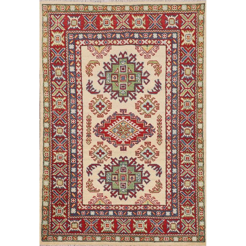 Geometric Kazak Oriental Accent Rug Handmade Wool Carpet - 3'2" x 5'0"
