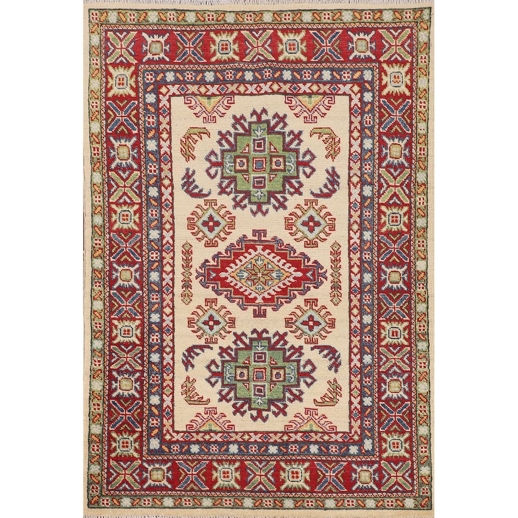 Geometric Kazak Oriental Accent Rug Handmade Wool Carpet - 3'2" x 5'0"