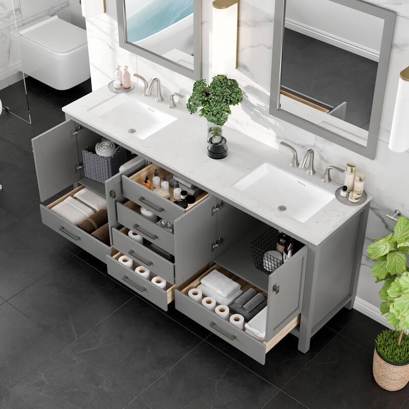 Eviva Aberdeen 78"W x 22"D Gray Double Sink Vanity with White Carrara Quartz Vanity Top and Rectangular Undermount Sinks
