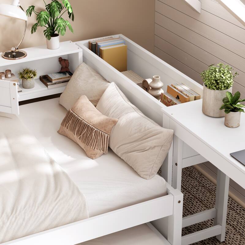 Full/Twin Daybed with Trundle & Storage Drawers - Wood Frame with Side Shelves and Desk