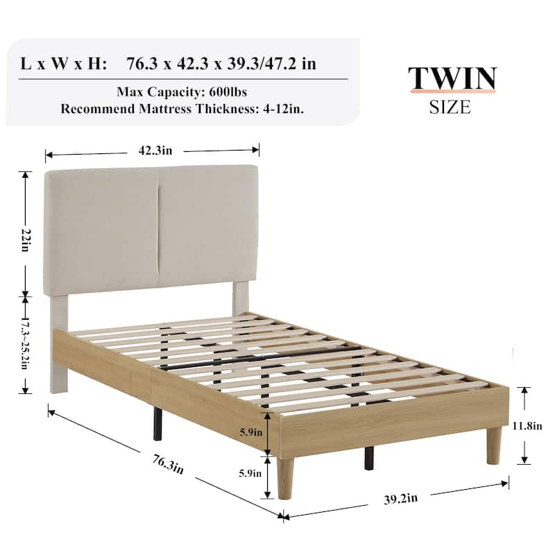 Javlergo Upholstered Bed Frame with Linen Fabric Adjustable Headboard, Strong Wood Slats Supports, No Box Spring Needed