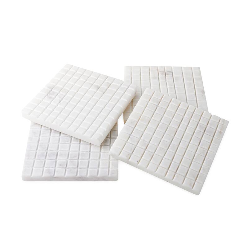 Set of 4 White Marble Square Coasters - White