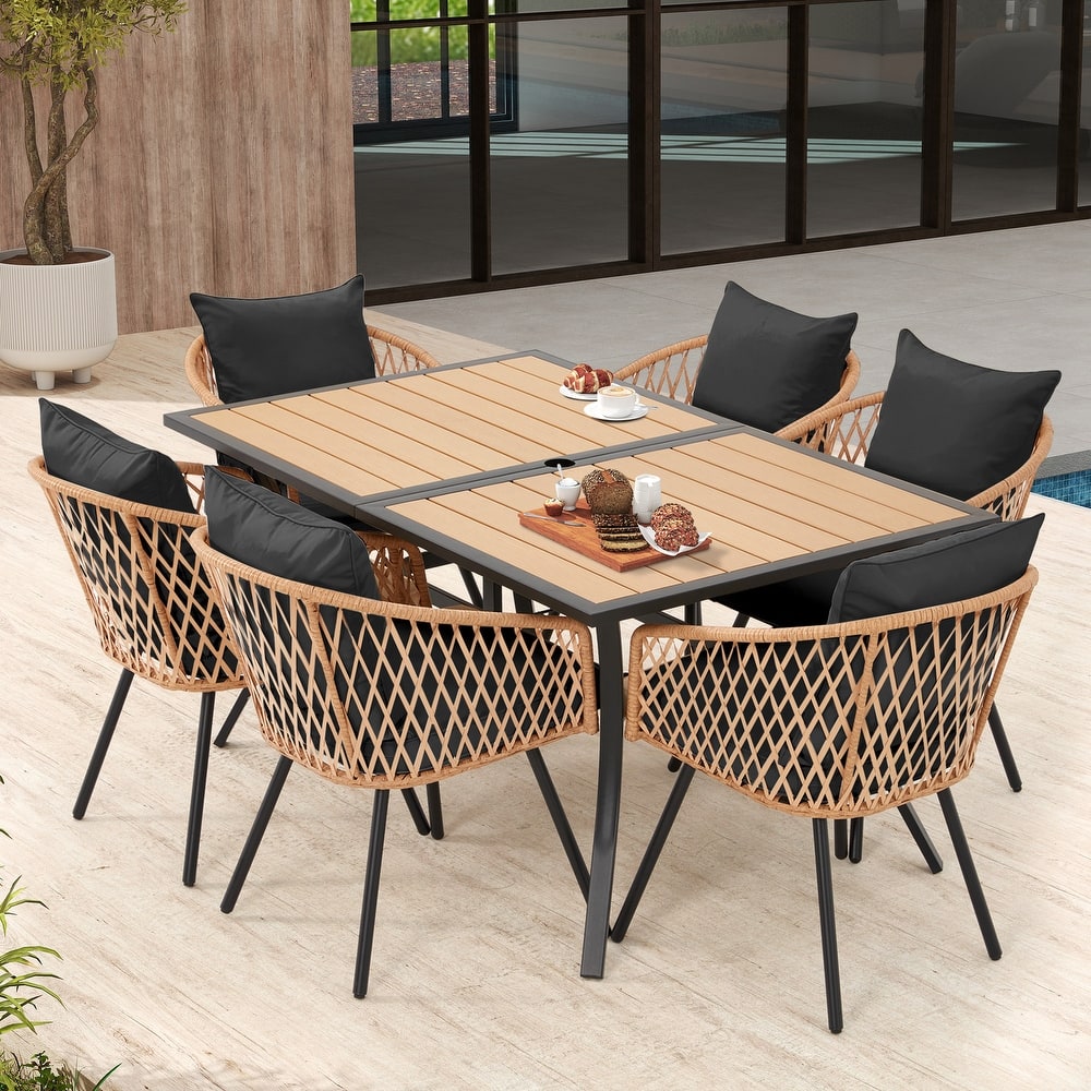 Erommy 7 Piece Outdoor Dining Set with Umbrella Hole, Patio Table and 6 Rattan Chairs with Cushions, Weather-Resistant Furniture