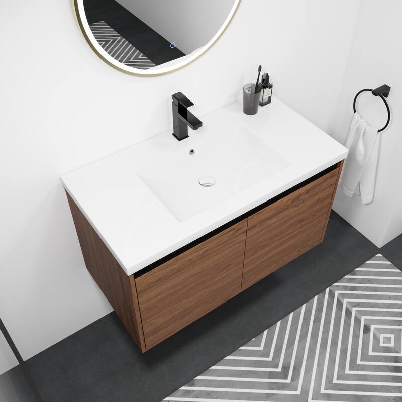 Fully Assembled Black 36 Inch Bathroom Vanity with Ceramic Countertop Sink, Oak 2 Doors Bathroom Cabinet Set