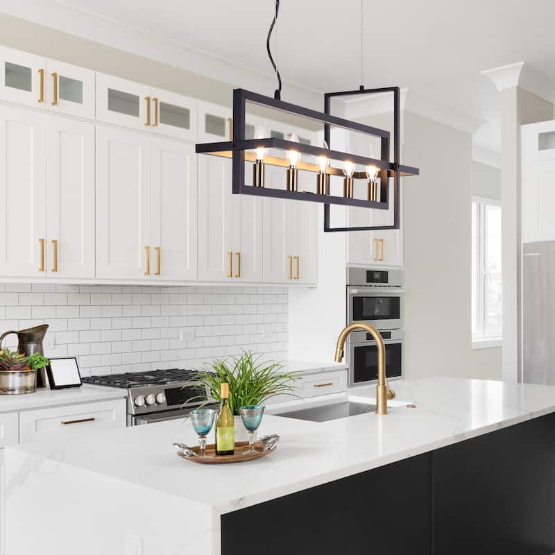 Modern 5-Light Linear Chandelier Candle Kitchen Island Lights - Black&Brass - 36.7"Wx7"Dx14.7"H