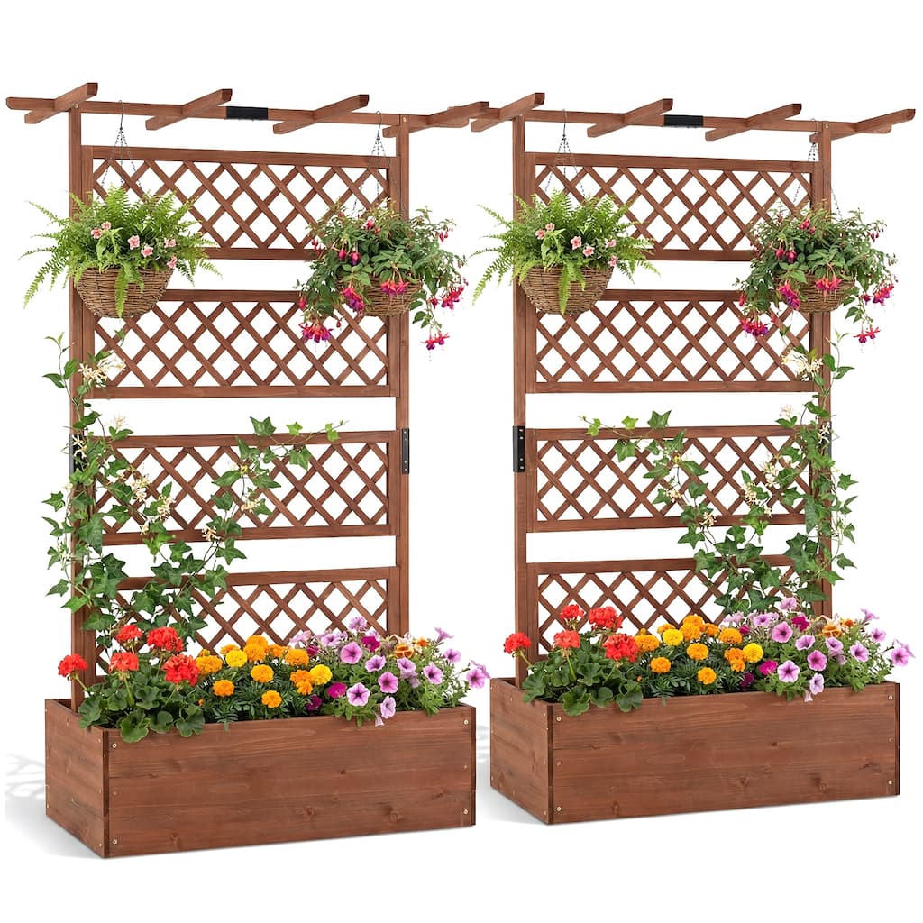 Gymax 2PCS Wooden Planter Box w/Lattice Trellis Flat Roof Drainage for