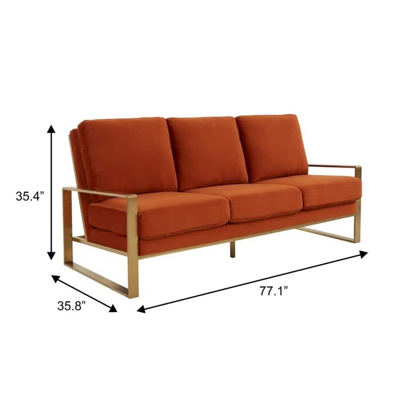 Jefferson Velvet Upholstered 3 Seater Sofa with Brushed Gold Stainless Steel Base and Removable Cushions - 77.1