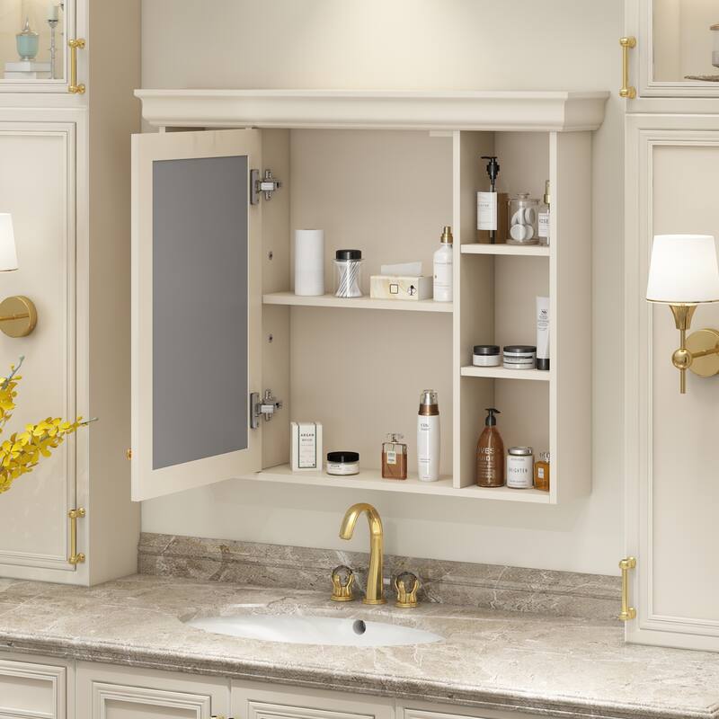 GDFStudio - Valence Modern Wall-Mounted Bathroom Storage Cabinet with Mirror and Open Shelves - 35'' x 28''