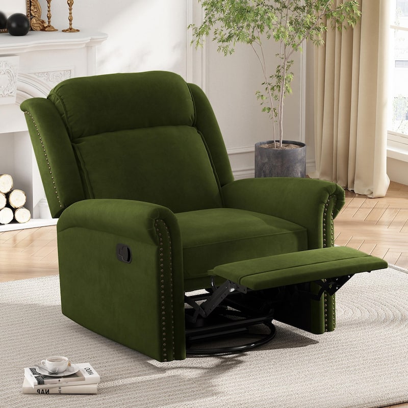 Home Theater Swivel Recliner Chair, Manual Rocking Nursery Rocker w/Adjustable Backrest Rolled Arms Lounge Chair with Rivet Trim - Green