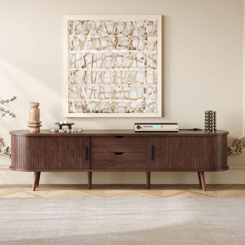 Mid Century Modern 70" TV Stand for TVs Up to 80", TV Consoles with 2 Doors, 2 Drawers and Power Outlet for Living Room, Bedroom