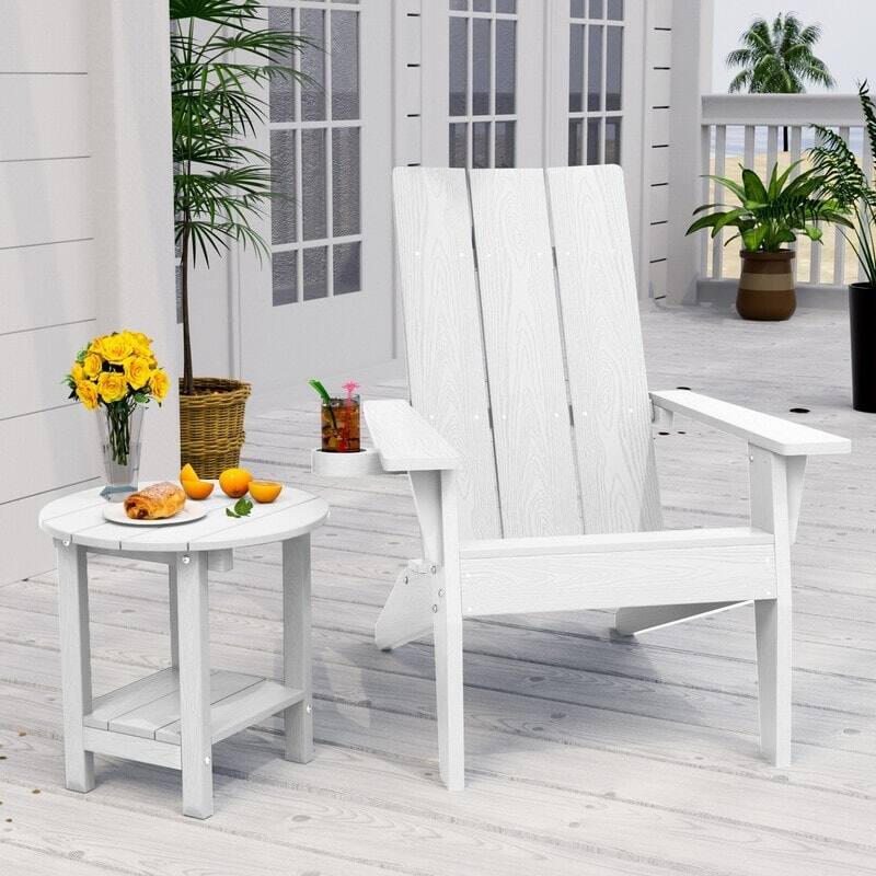 WINSOON 2-Piece All Weather HIPS Outdoor Adirondack Cup Holder Chair and Table set - White