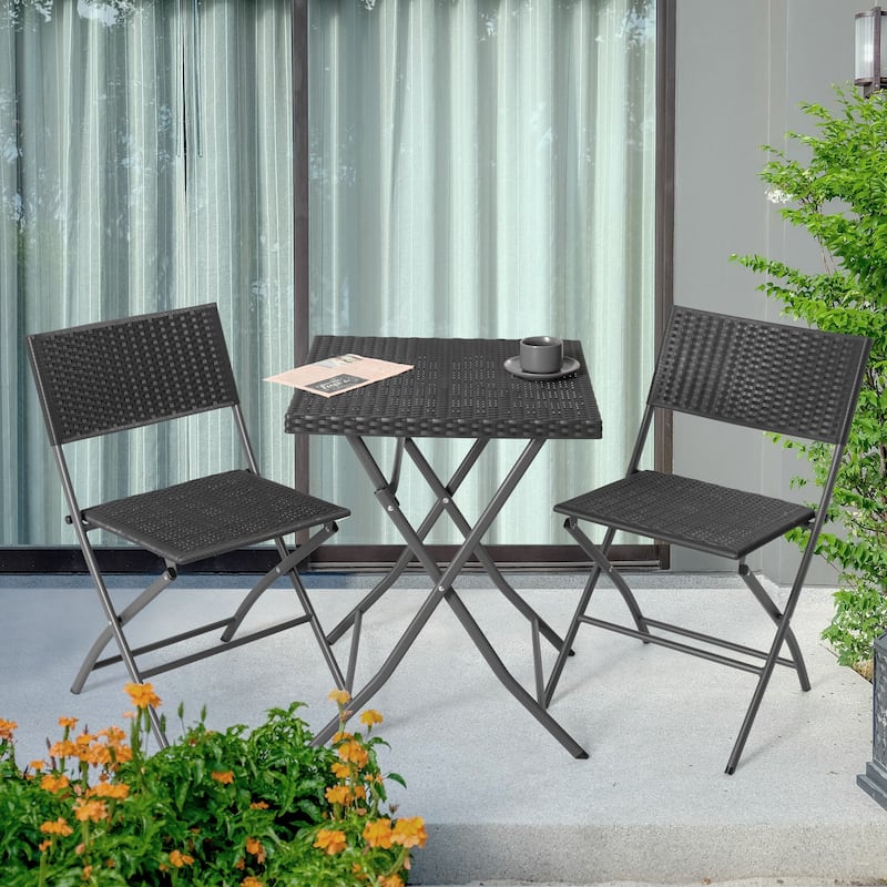 Outdoor 3 Pieces Folding Bistro Set, Waterproof PP Rattan Table and Chairs