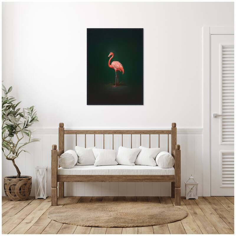 Kate and Laurel Flamingo Side View Rich Green Backdrop by The Creative Bunch Studio Framed Canvas Wall Art Print