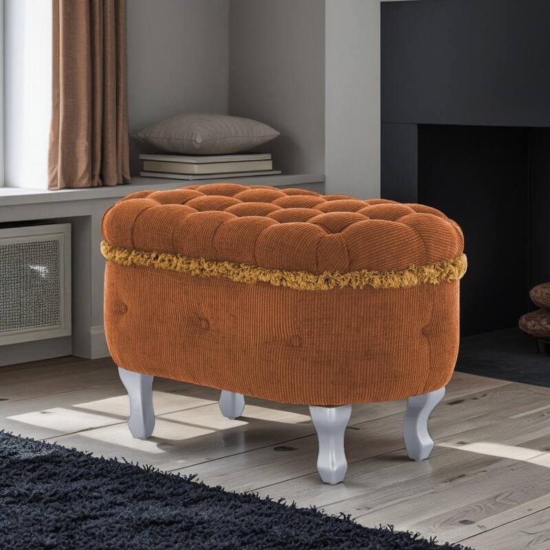 GDF Studio - Aurelia 29.5" Tufted Upholstered Storage Bench with Fringe and Ottoman Seat