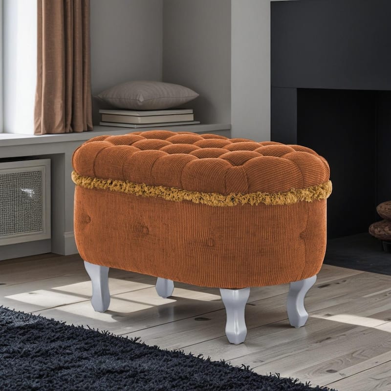 Roomfitters Upholstered Storage Bench with Button Tufted Top, End of Bed Bench with Fringe and Curved Legs - Orange