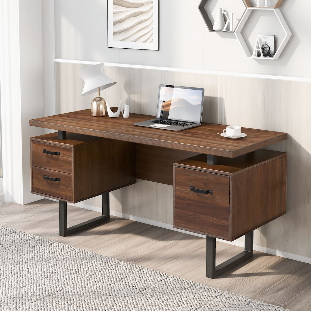 Home Office Desk with U-shaped Metal Legs & Hanging Letter-size File Drawer, Executive Desk with Waterproof Surface