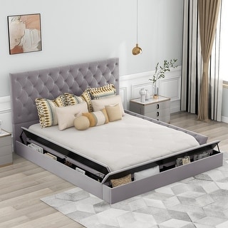 Gray, Blue Queen Size Upholstery Low Profile Storage Platform Bed ...