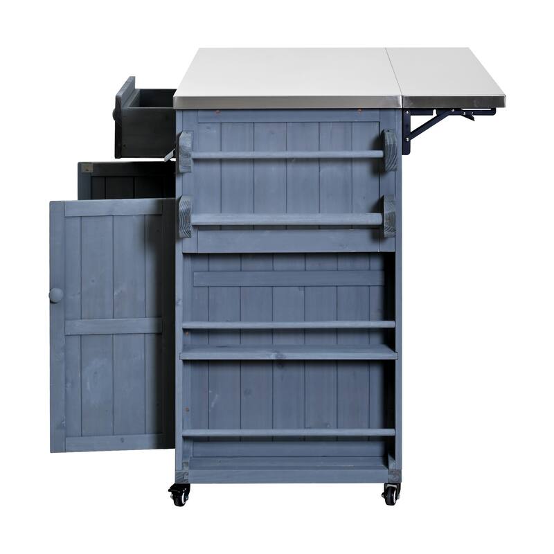 Extendable 41.9" Outdoor Kitchen Island with Stainless Steel Top and Side Spice Rack, Kitchen Cart with Drawers, Storage Cabinet