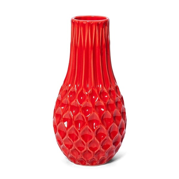 12" Red Akilina with Embossed Honeycomb Pattern Ceramic Vase - N/A