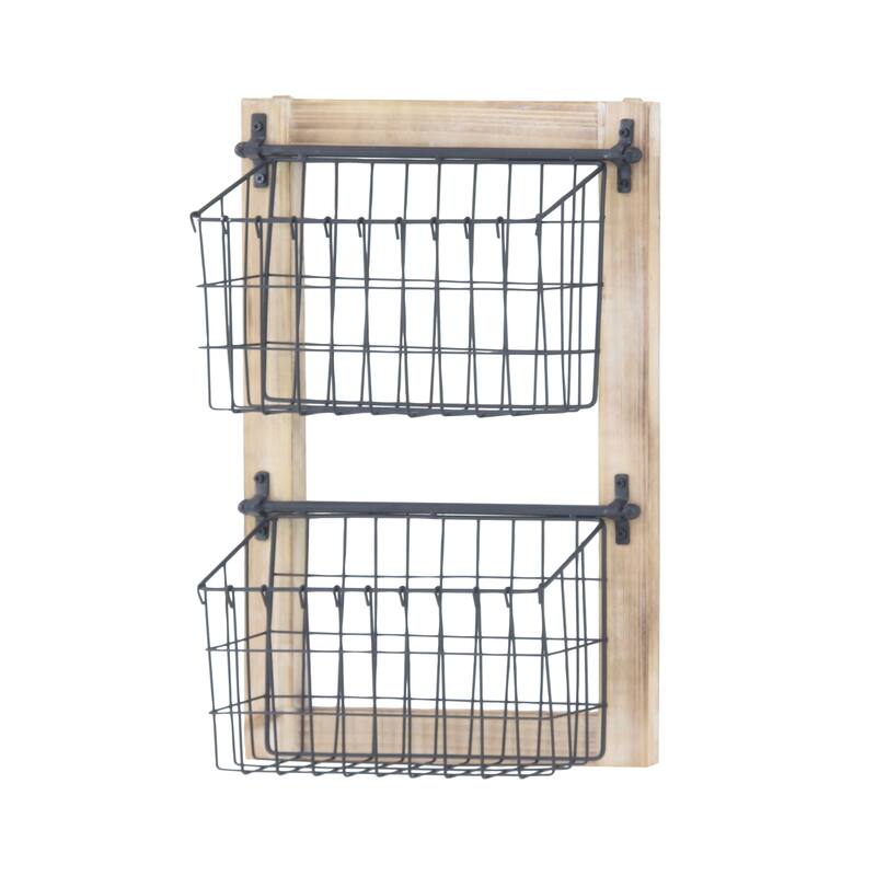 Black Metal 3 or 2 Slot Magazine Rack Holder with Wood Frame and Suspended Wire Baskets