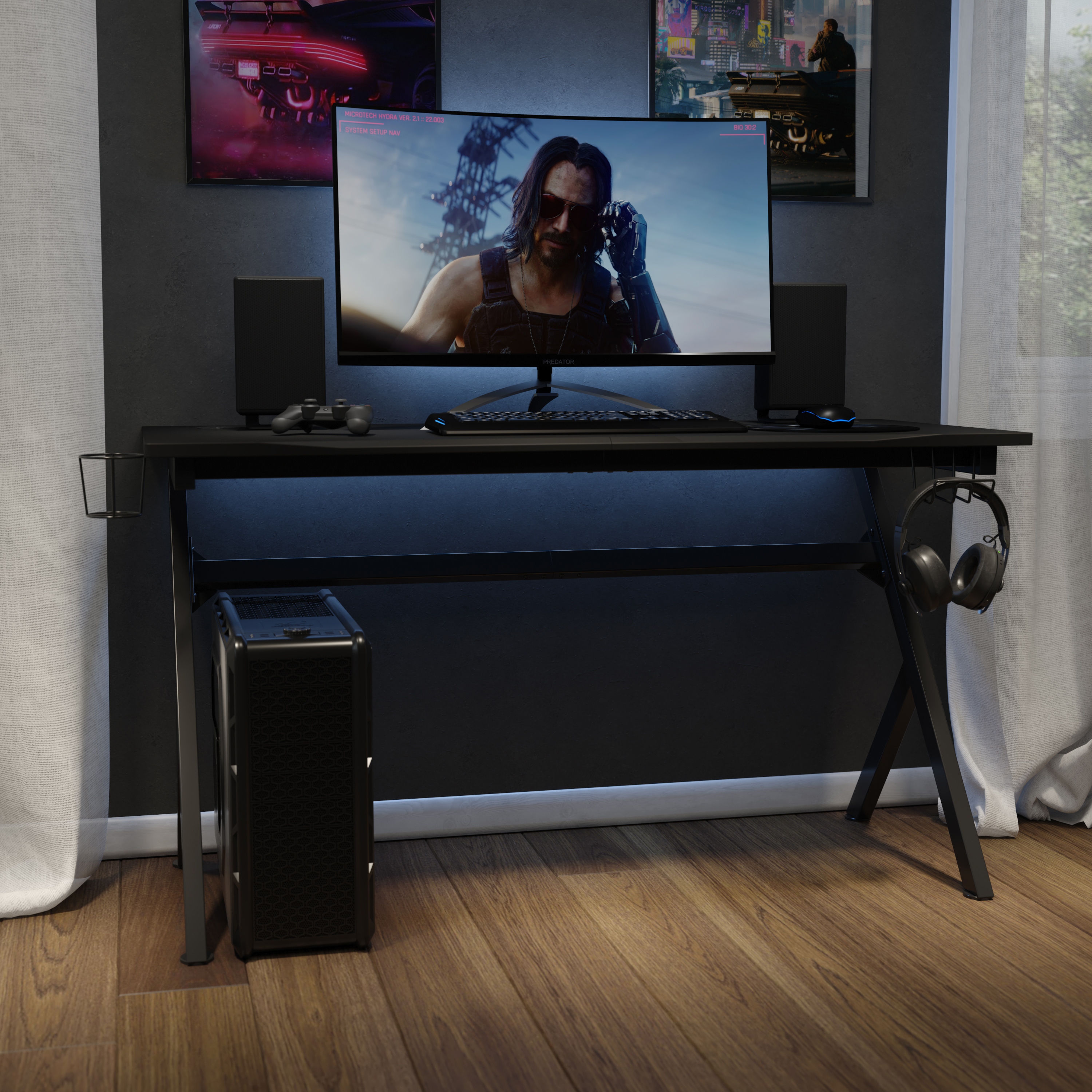 Gaming desk store with headphone holder