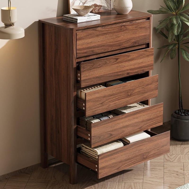 FURNIWAY Walnut Drawer Tall Dresser, Modern Chest with Hidden Handles, Storage Organizer