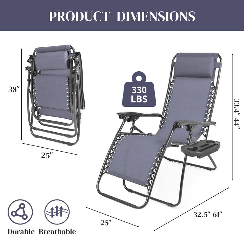 Set of 2 Zero Gravity Recliner Lounge Chairs with Cup Holders, Folding Patio Camping Beach Chairs for Outdoor Relaxation