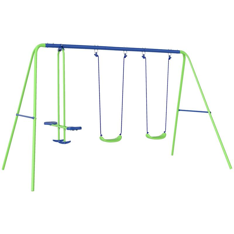 Metal Kids Swing Set with 2 Swings and 4-Child Glider - 110.25"L x 55"W x 70"H - Green