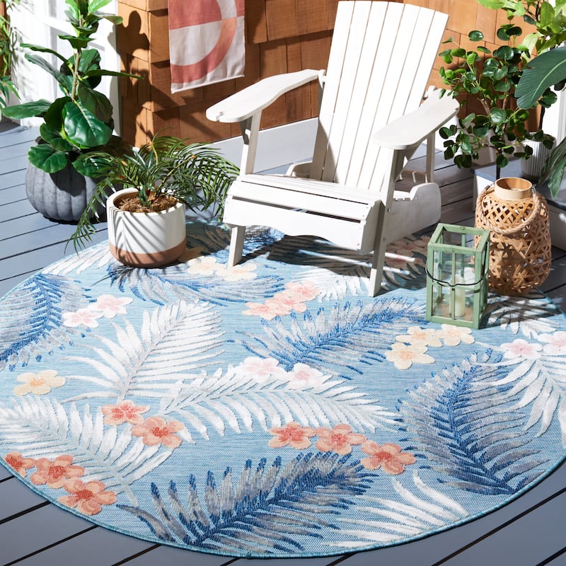 SAFAVIEH Cabana Mintje Indoor/ Outdoor Waterproof Transitional Rug - 6'5" Round - Aqua/Ivory