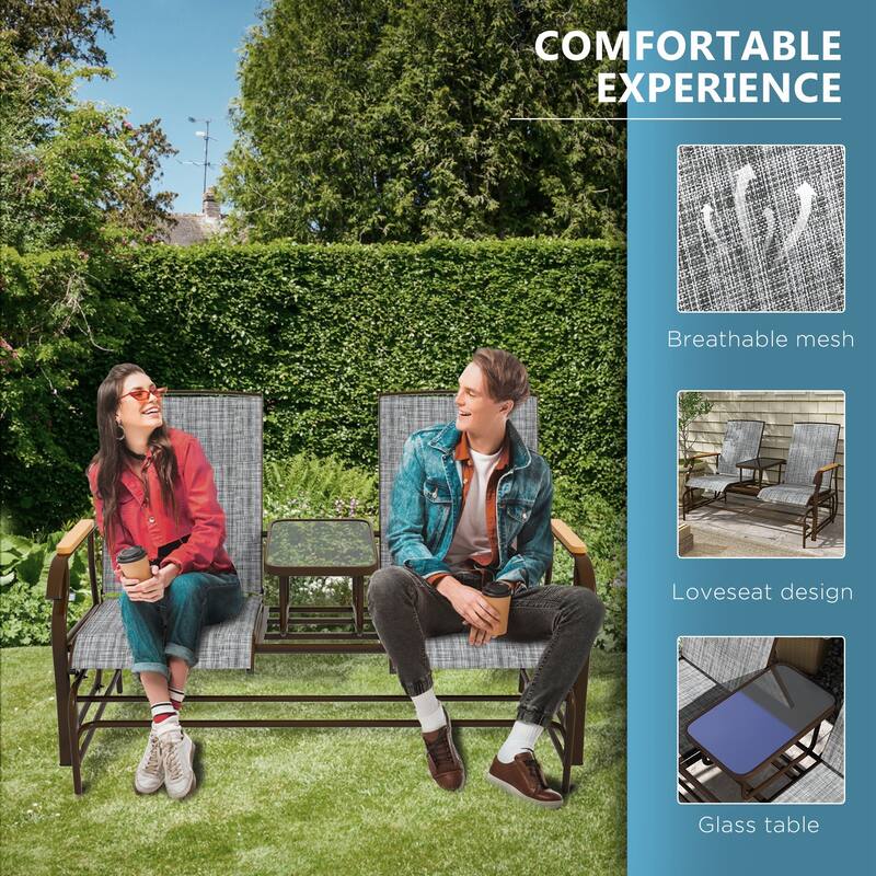 2 Person Outdoor Glider Bench, Patio Swing Glider Chair Loveseat with Breathable Mesh, Table, Steel Frame for Garden, Porch