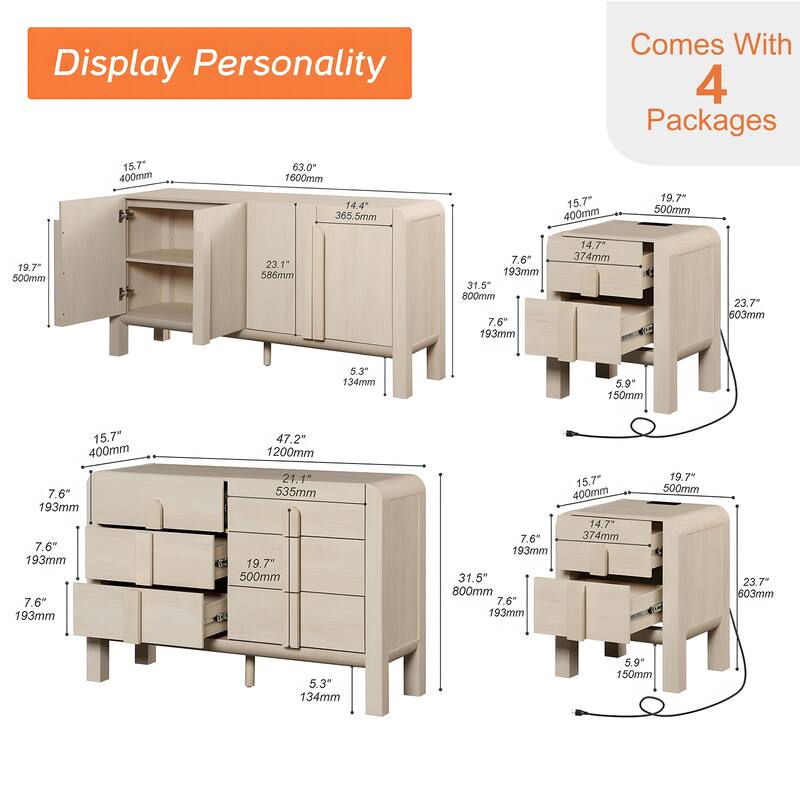 WAMPAT 4 Pcs Bedroom Set,6 Drawer Dresser And Nightstand Sets For Bedroom, Night Stand Set Of 2, Modern Accent Chest