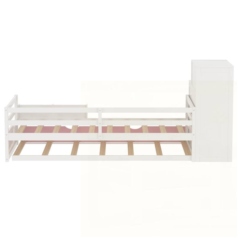 Wood Platform Bed with Sample Bookshelf and Movable Wardrobe