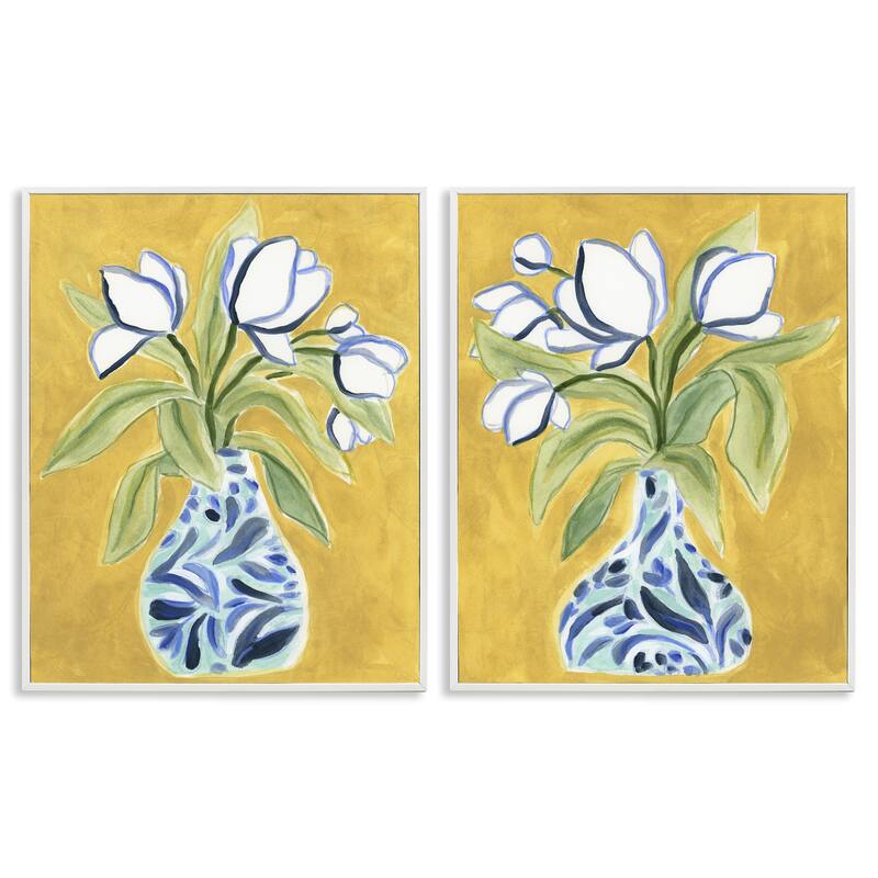Stupell Tulip Vases on Yellow Framed Giclee Art Design By June Erica Vess (Set of 2) - 11 x 14 - White