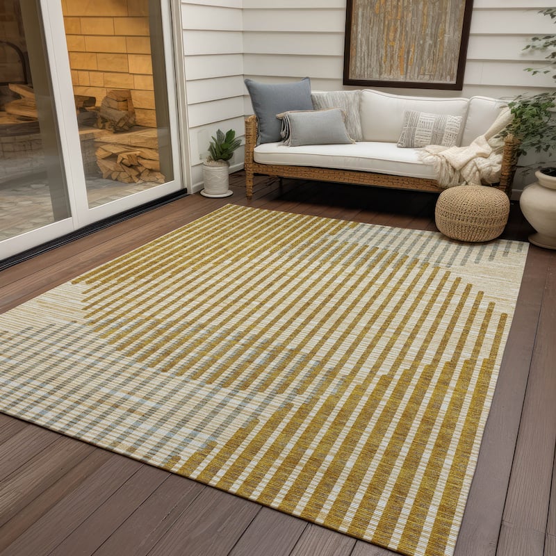Machine Washable Indoor/ Outdoor Abstract Stripe Chantille Rug - Gold - 10' x 14'