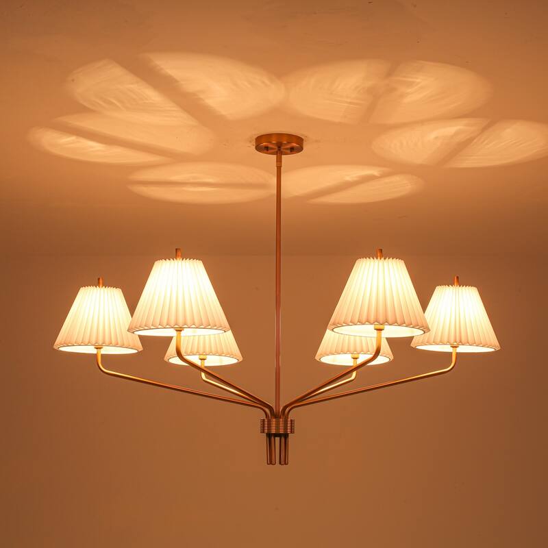 6-Light Modern Transitional Brass Pleated PVC Chandelier for Dining Room & Living Room - 45.1 in. W x 20 in. H