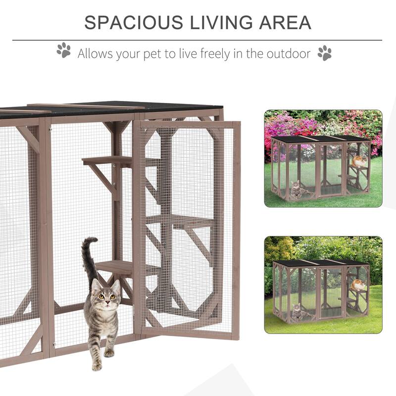 PawHut Outdoor Cat House, Catio Wooden Feral Cat Shelter, Large Enter Door, Weather Protection Asphalt Roof - Brown