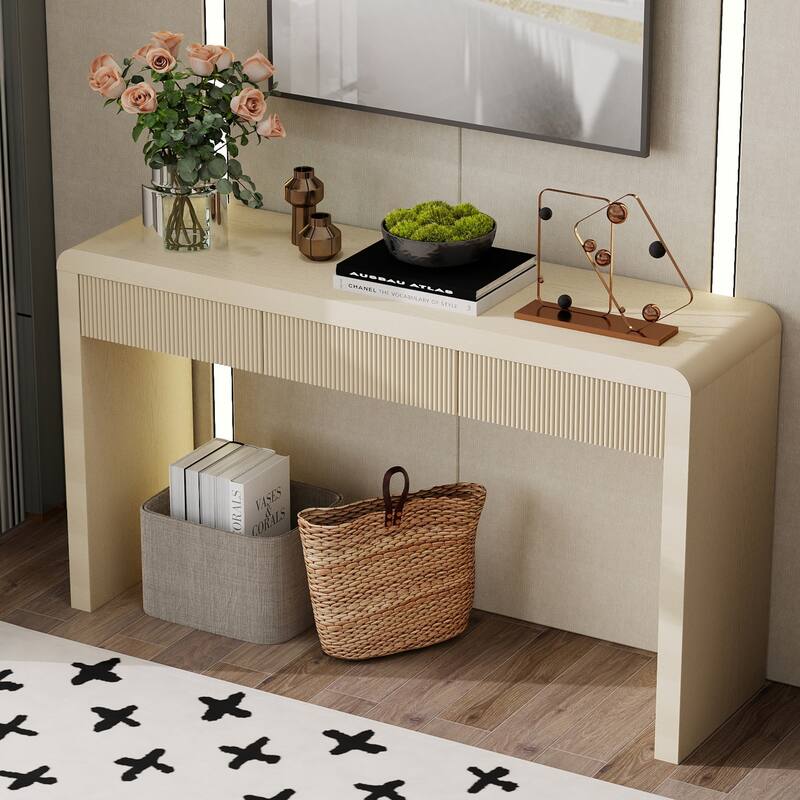 55" Rustic Console Table with 3 Fluted Drawers for Living Room and Hallway - Apricot