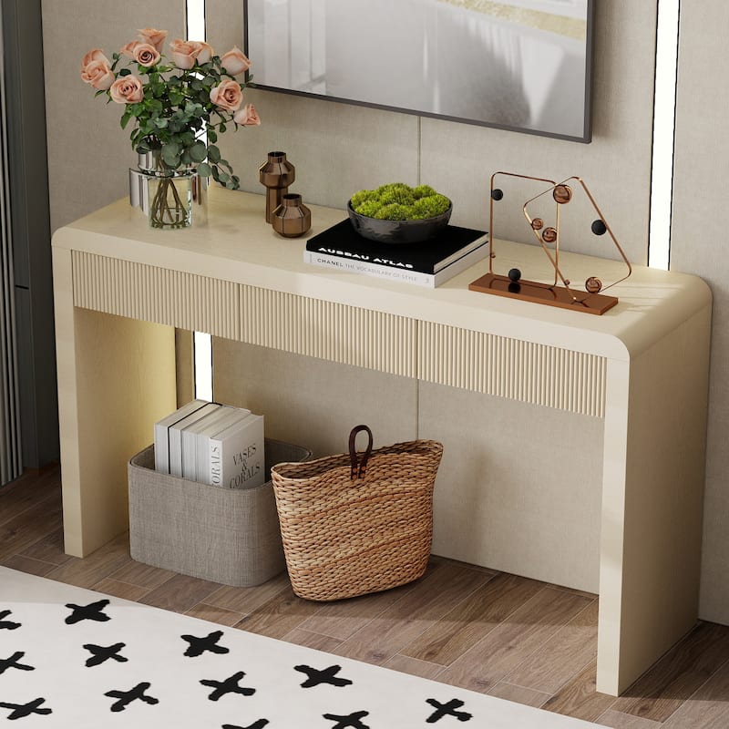 Rustic Console Table with 3 Fluted Drawers - Solid Wood Veneer Entryway Table Featuring Natural Wood Grain for Living Room