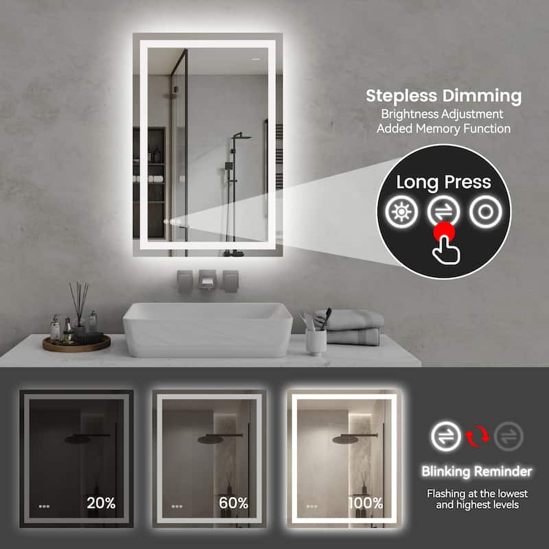 Clear Glass LED Vanity Mirror with Anti-Fog, Dimming and 3 Colors - 24” W x 36” H