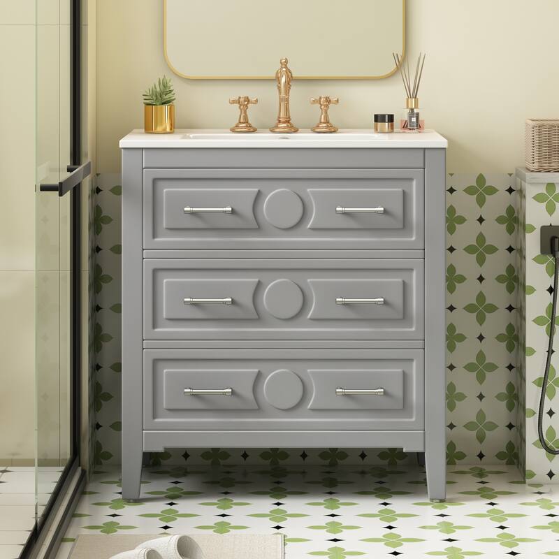 30" Bathroom Vanity with Ceramic Sink Set with 3 Drawers - Gray