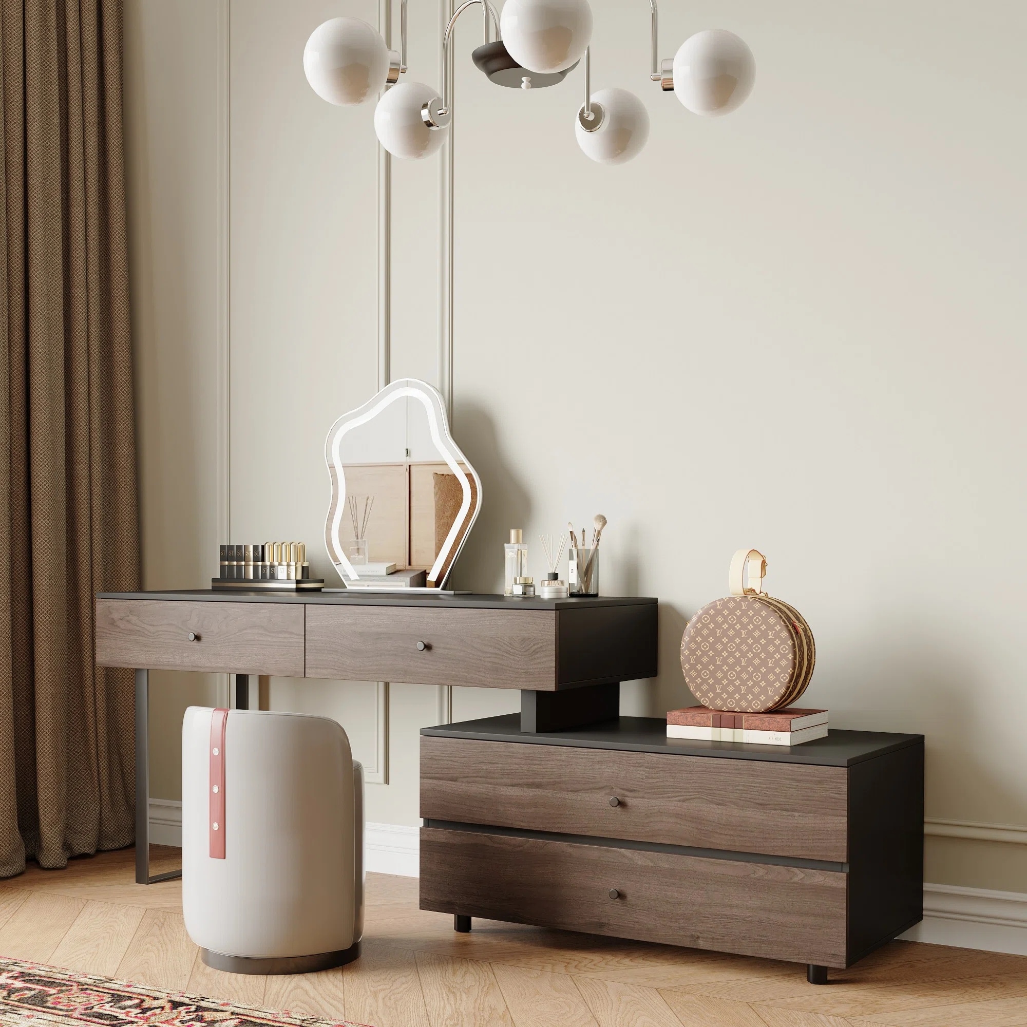 Extendable Makeup Vanity with 4 Drawers Swivelable L-shaped Corner Vanity Desk