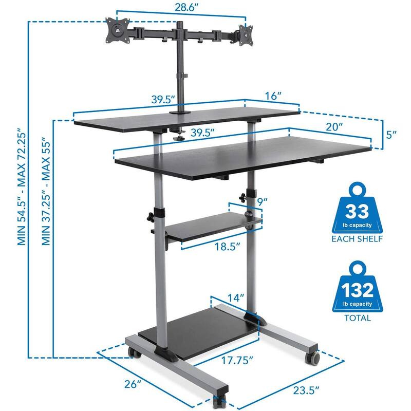 Mount-It! Mobile Computer Desk with Dual Monitor Mount | Height Adjustable