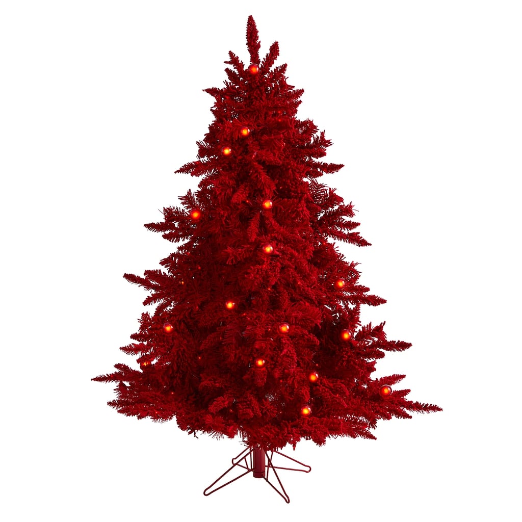 5ft. Red Flocked Fir Artificial Christmas Tree with 250 Red Lights, 26 Globe Bulbs and 490 Branches - Bold X-Mas Accent Tree