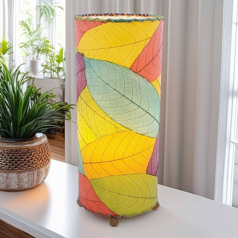 Eangee Handmade Cocoa Leaf Cylinder Table Lamp, Cocoa Leaves Shade, 7 x 7 x 17 in.