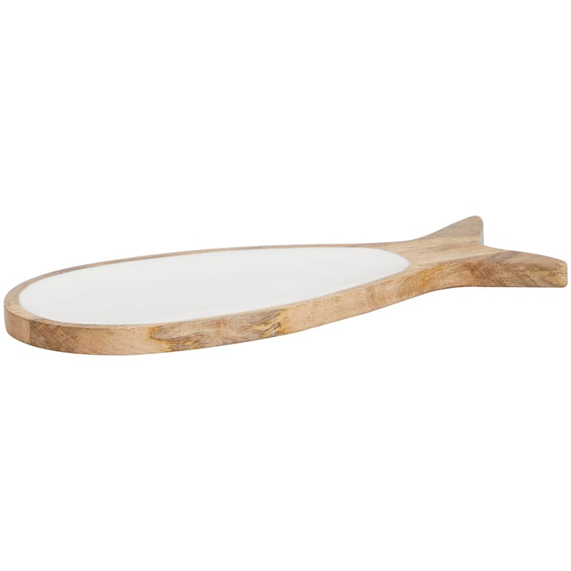 Mango Wood Fish Tray with White Enameled Interior - Brown - Roche River Decor - 8"W x 20"L x 1"H