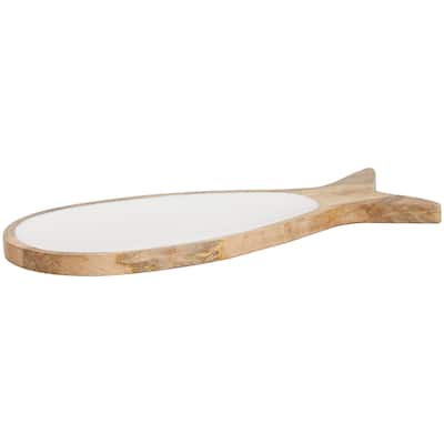 Mango Wood Fish Tray with White Enameled Interior - Brown - Roche River Decor - 8"W x 20"L x 1"H